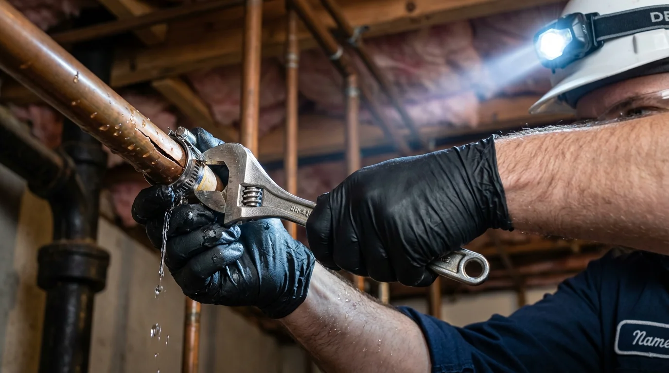 Emergency pipe clamp repair being performed by a Johns Plumbing LLC plumber in Palm Beach Gardens