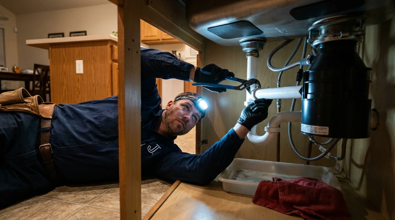 P-trap and supply line connections under a kitchen sink showing a common leak point in Palm Beach Gardens, FL